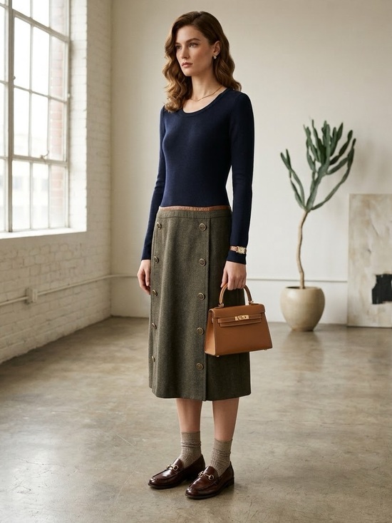 Tory Burch Dresses & Skirts - Tory Burch navy blue and khaki green combined wool midi dress - Medium